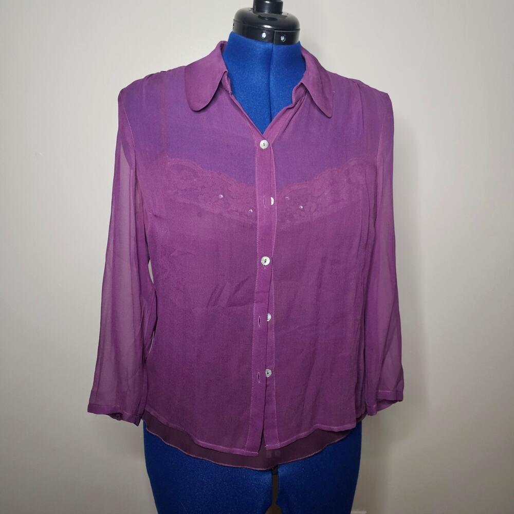 Parisian Signature 100% Silk Sheer Blouse & Lace Cami Set Purple Size 10